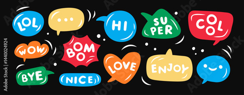 Obraz na płótnie Speech bubbles words stickers. Funny text balloons, rounded chubby font, comic words, dialogue thought clouds, color talk frames, communication box with comments, garish vector cartoon set w salonie