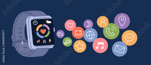 Obraz na płótnie Smartwatch functions. Modern watch technology, digital communication, sport, healthy lifestyle, fitness gadget, wristwatch with silicone bracelet, application icons, garish vector concept w salonie