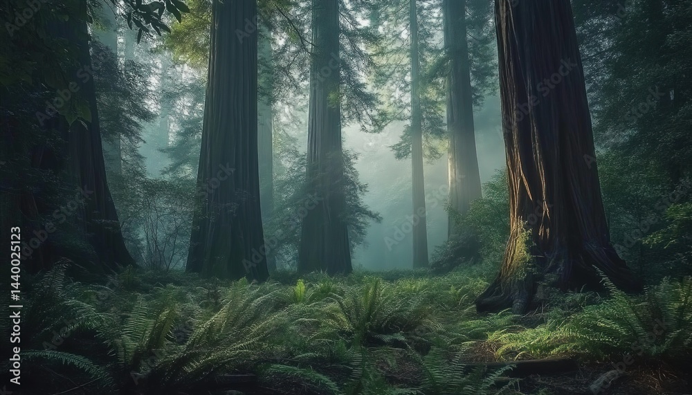 Obraz premium Dense redwood forest with sunlight filtering through foliage and ferns.