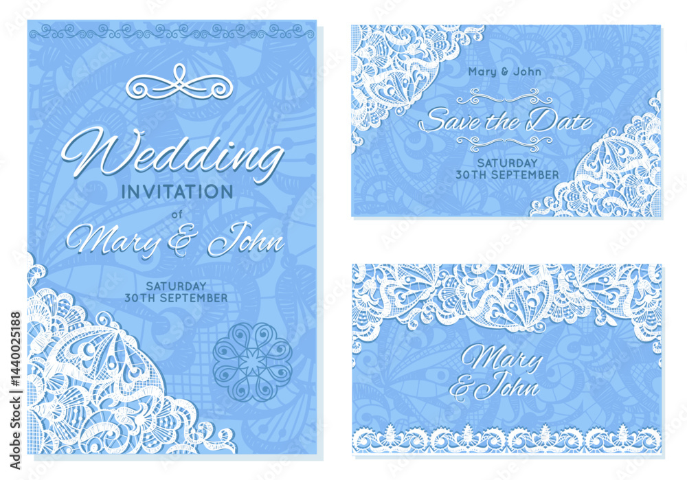 Lace wedding cards. Decorative invitations, elegant design, event ornamental frames flyers template, carved white borders, cotton ribbon textile elements on blue background, splendid vector set