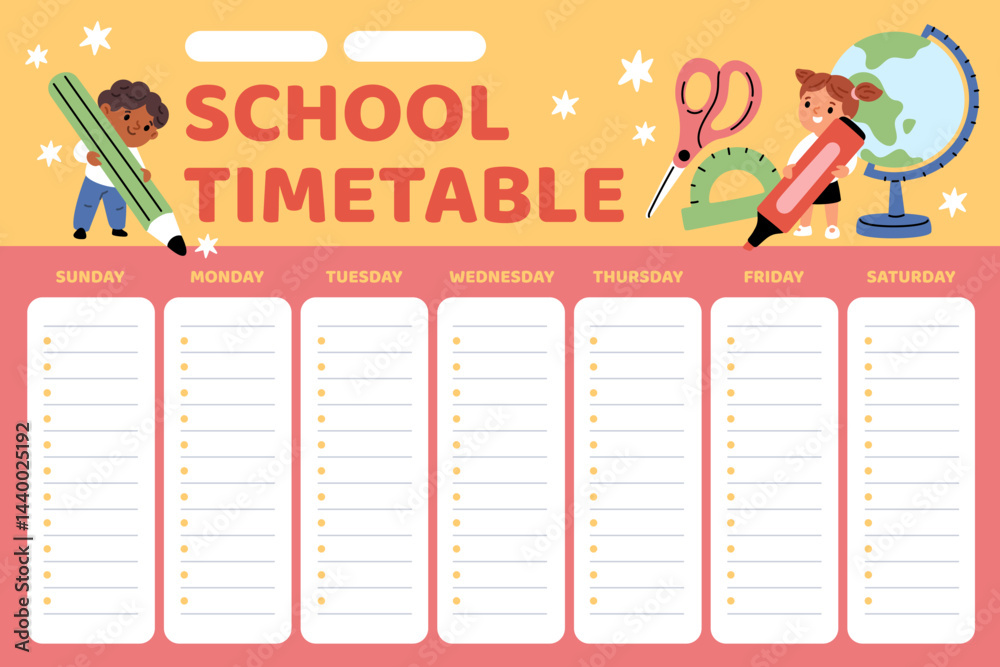 Kids school timetable. Boy and girl draw with large pencils, students lesson schedule template, elementary education, typography design cartoon flat isolated poster, garish vector concept