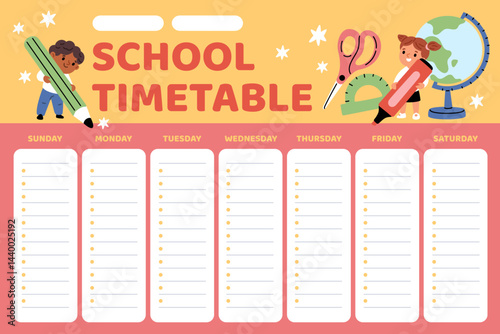 Obraz na płótnie Kids school timetable. Boy and girl draw with large pencils, students lesson schedule template, elementary education, typography design cartoon flat isolated poster, garish vector concept w salonie