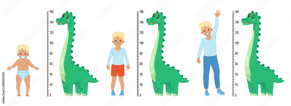 Kid measure height. Funny boy gradually growing process, ruler with dinosaur, childish wall meter, from toddler to teenager measurement, cartoon flat style isolated recent vector concept