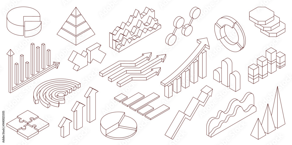 Isometric outline graphs. Data analysis charts, visual business statistics, diagram, pies, bars and arrows design, isolated information visualization line elements, nowaday vector isolated set