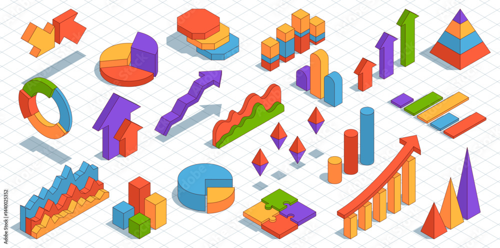 Isometric business infographics. Different types graphs, colorful diagram, pies, statistic and presentation visualization elements, data charts, pyramid and arrow, nowaday vector isolated set