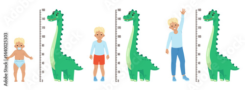 Obraz na płótnie Kid measure height. Funny boy gradually growing process, ruler with dinosaur, childish wall meter, from toddler to teenager measurement, cartoon flat style isolated recent vector concept w salonie