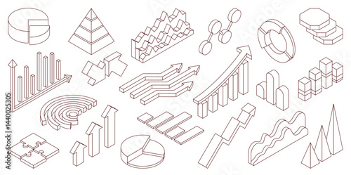 Obraz na płótnie Isometric outline graphs. Data analysis charts, visual business statistics, diagram, pies, bars and arrows design, isolated information visualization line elements, nowaday vector isolated set w salonie
