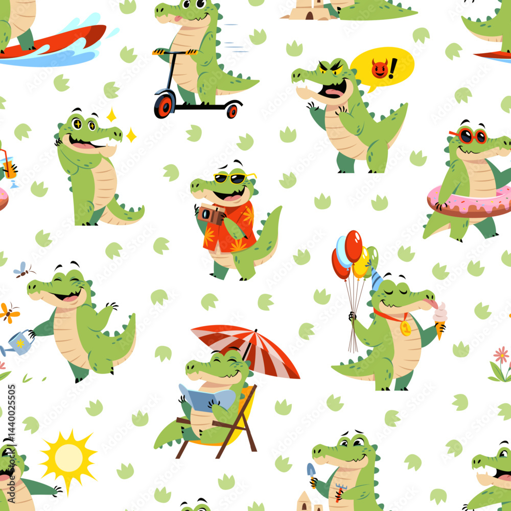 Cute alligator seamless pattern. Funny cartoon crocodiles, kids mascot, predatory animal, repeated tropical reptile. Textile, wrapping paper, wallpaper. Print for fabric tidy vector background