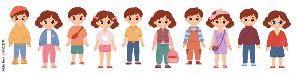 Children with different wearing. Cute fashionable kids, casual clothing and accessories, funny boys and girls apparel, summer and autumn season, cartoon flat isolated garish vector set