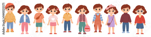 Obraz na płótnie Children with different wearing. Cute fashionable kids, casual clothing and accessories, funny boys and girls apparel, summer and autumn season, cartoon flat isolated garish vector set w salonie