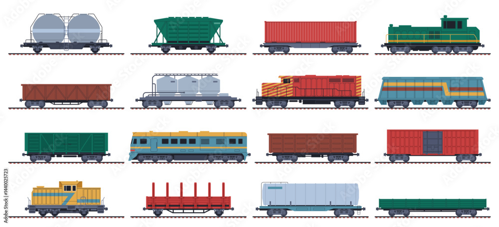Cargo locomotives. Freight railway trains, different goods and resources transportation, railroad wagons, cisterns for oil, sand and wood, metal containers, nowaday vector isolated set