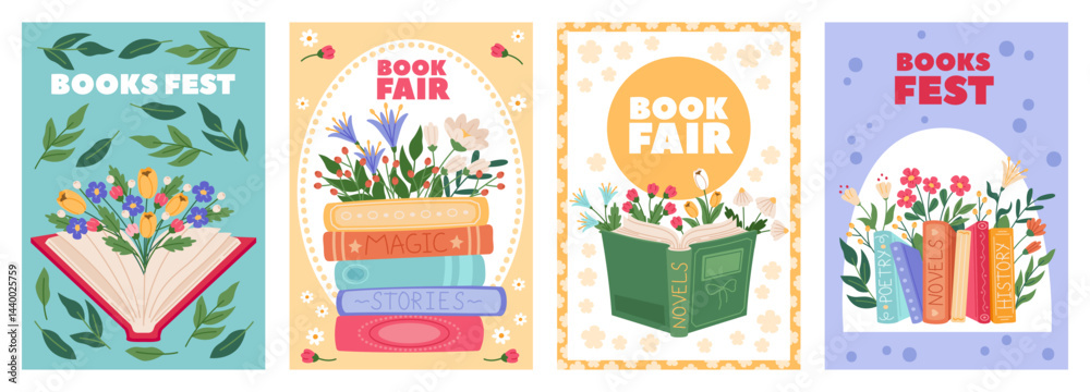 Book fair cards. Literary festival, beautiful blossom flowers, knowledge and education, romantic novels, spring mood, posters or flyer design cartoon flat style isolated recent vector set