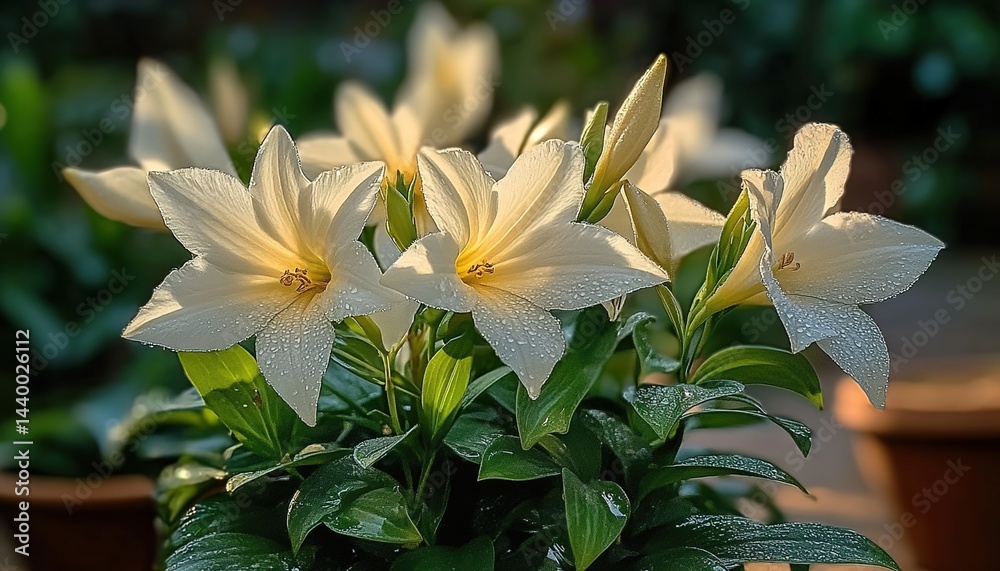 Obraz premium White lilies with water droplets, green leaves, and blurred foliage background.