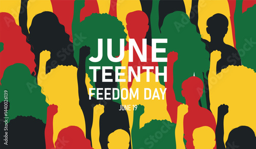 Juneteenth day banner with abstract people raised fist up. Freedom or Emancipation day. Annual american holiday. Poster, greeting card, banner and background. 