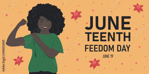 Juneteenth Independence Day. African american woman showing her biceps. Freedom or Emancipation day. Annual american holiday. Poster, greeting card, banner and background.	
