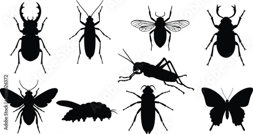 A vector set features black silhouette illustrations of various insects and bugs, including ant, spider, fly, and beetle transparent AI Generative