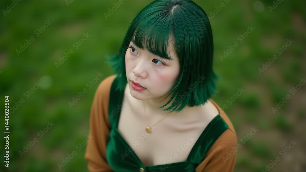 Naklejka premium Asian Woman With Green Bob Hairstyle