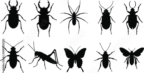 A black vector set features insect silhouettes including butterfly, beetle, ant, and dragonfly icons transparent AI Generative