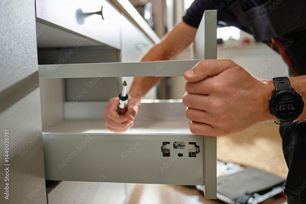 Man assembling kitchen drawer in modern cabinet using screwdriver. Handyman installing and adjusting drawer slide mechanism in contemporary kitchen. Furniture installation