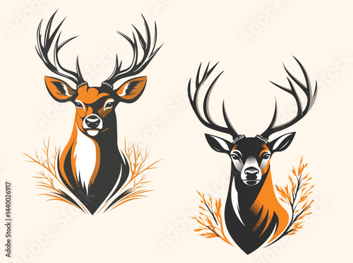 A vector illustration shows a wild deer head silhouette with antlers, a stag in nature