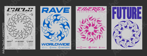 Set of Abstract Y2k Posters Vector Design. Cool Futuristic Placards. Streetwear Surreal Rave Graphic Elements. Brutalist Retro Vintage Pattern.
