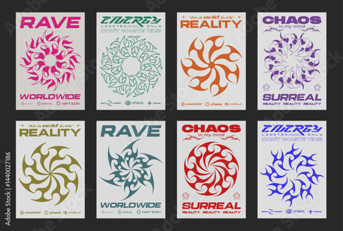 Set of Abstract Y2k Posters Vector Design. Cool Futuristic Placards. Streetwear Surreal Rave Graphic Elements. Brutalist Retro Vintage Pattern.