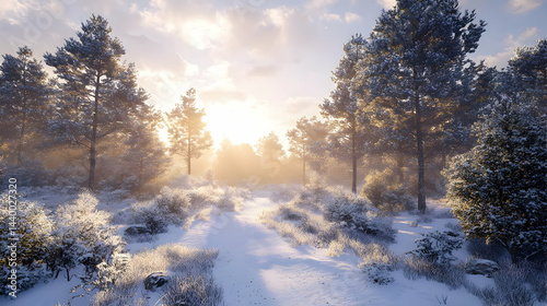 Winter Wonderland - Snowy Forest Path at Sunset - 3D Illustration