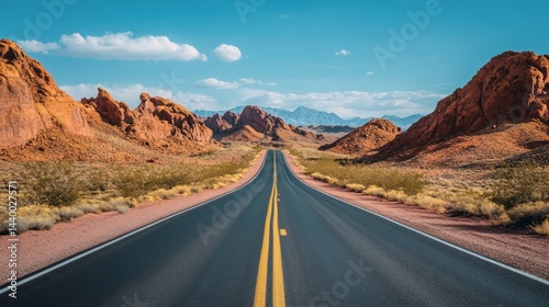 Endless Road Through Vibrant Red Rock Desert Landscape Under a Sunny Sky