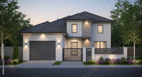 Soft outdoor lighting enhances a stylish two-story modern home with a distinctive gated entrance as twilight descends.
