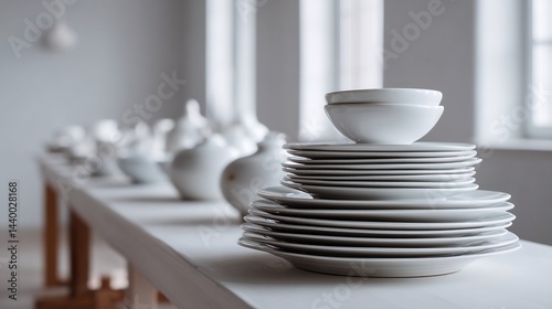Neatly arranged set of white dishes and bowls on a modern table.