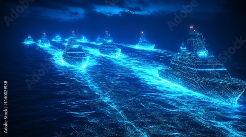 Futuristic digital warships in glowing blue wireframe formation sailing through cyber ocean at night


