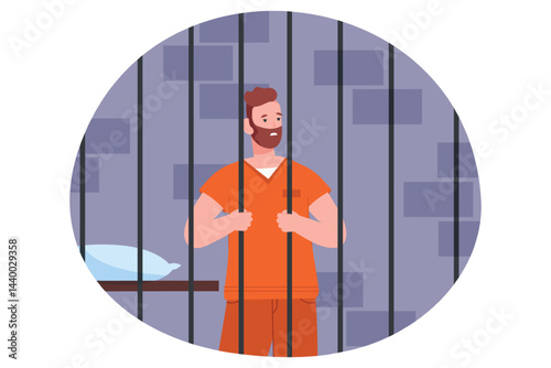 Prisoner behind bars. Jail prison concept, imprisoned arrested guilty man hands hold cell bars in cage, illegal criminal guy in robe caught thief or murderer vector illustration