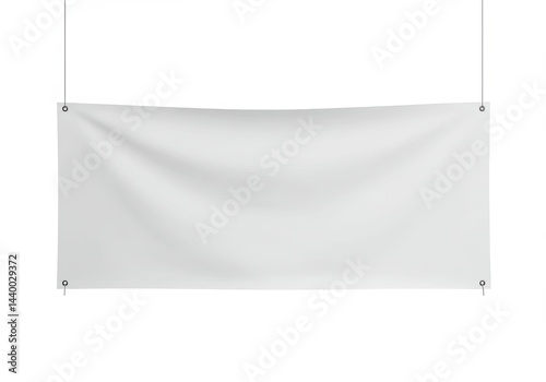 Blank white vinyl banner hanging from the ceiling with metal grommets on a white background plain view