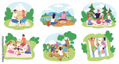 People picnic on nature. Family and friends with dog eat food on summer nature, couple romantic lunch in park garden table or mountain outdoor recreation classy vector illustration