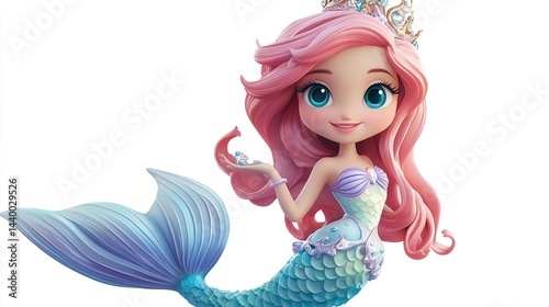 Cute cartoon mermaid princess with pink hair and teal tail.