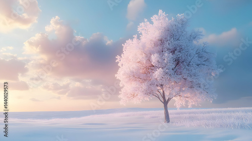 Snowy Landscape Illustration with Single Tree