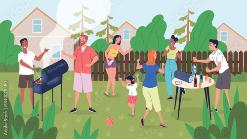 People bbq party. Family barbecue on backyard garden, neighbors friends cooking grill food meat outside picnic summer park outdoor lunch weekend leisure, classy vector illustration
