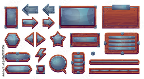 Wood metal game interface. Wooden nameplates with iron rivets frames, medieval rpg game ui elements cartoon plates button panels arrows sign, gaming menu swanky vector illustration
