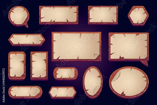 Wood paper ui. Wooden board with old papers parchment for cartoon adventure game menu, speech bubble text box frame medieval plank sign panel elements, swanky vector illustration