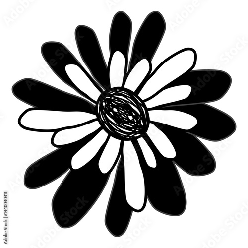 Head of  flower,  flowering plant,  part of  flower,  core with petals. In black and white. Decoration for postcards, posters, business cards, invitations. One icon isolated on  white background.