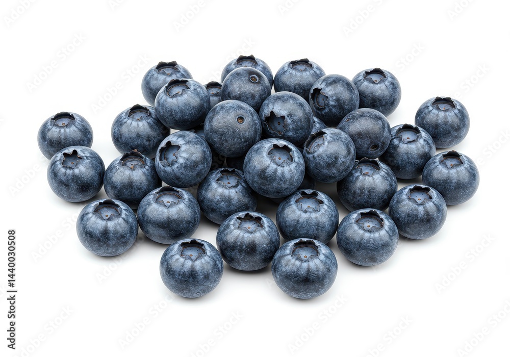 A close up shot of a group of blueberries scattered on a plain white surface in a studio setting A close up shot of a group of blueberries scattered on a plain white surface in a studio setting