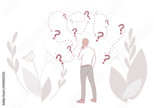 A man deeply contemplating important decisions while surrounded by beautiful floral designs and floating question marks