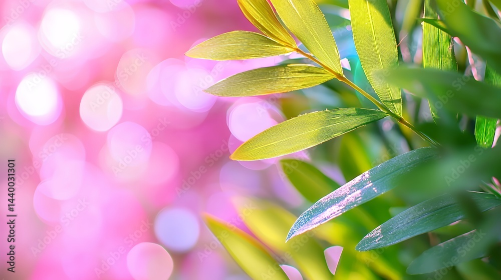 Obraz premium Green Plant Leaves with Bokeh Pink Background for Natural Abstract Design