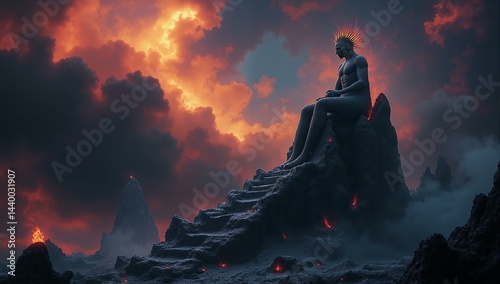 Colossal infernal being sits on volcanic spire, surrounded by swirling smoke and fiery colors.
