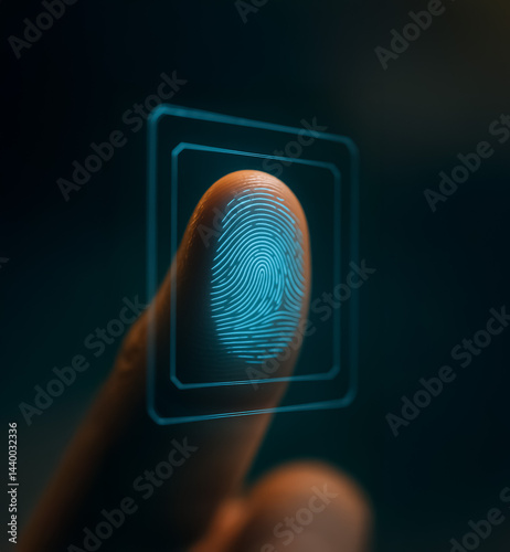 Close-up view of a futuristic holographic fingerprint scanning system with a glowing blue interface, symbolizing biometric security, access control, and high-tech identification methods.
