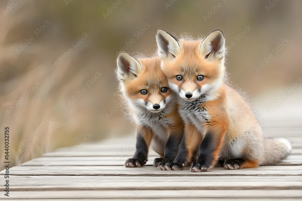 Fototapeta premium Adorable fox cubs cuddling on a wooden dock.