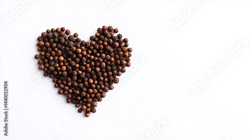Creative Arrangement of Peppercorns Forming Heart Shape, Rendered Sharply with Visible Textures on Each Individual Grain, Isolated on Clean White Background, Generated AI
