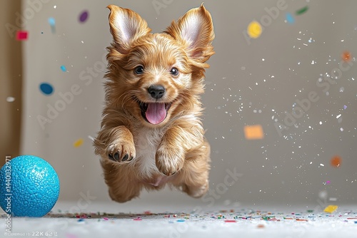 Energetic puppy playtime: happy dog leaping with blue ball and colorful confetti