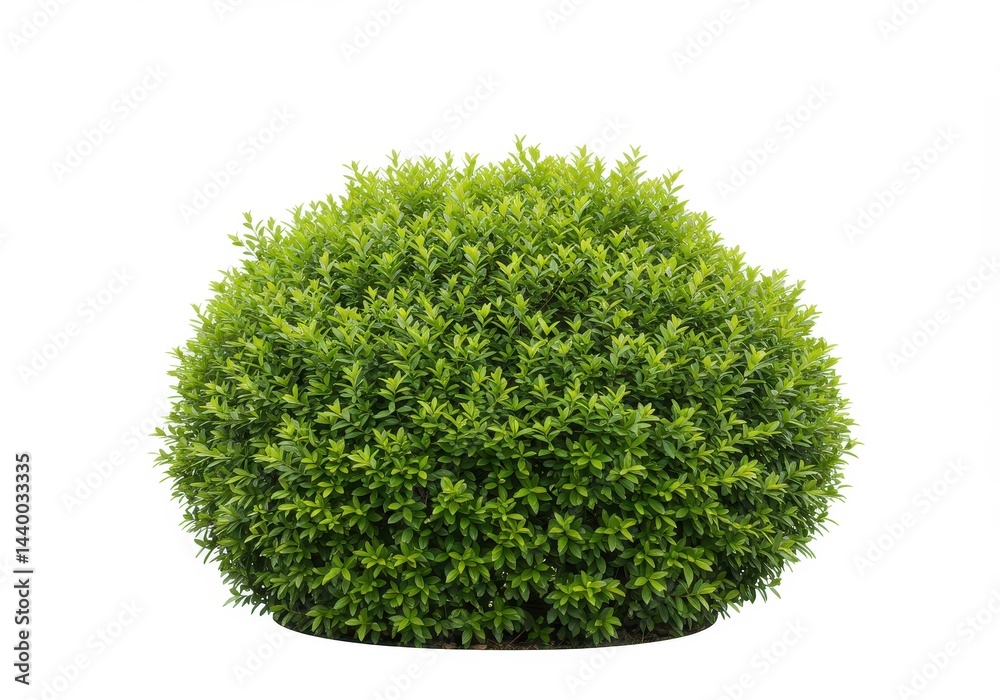 Fototapeta premium Isolated round green bush with dense foliage on a white background in a studio setting view close up