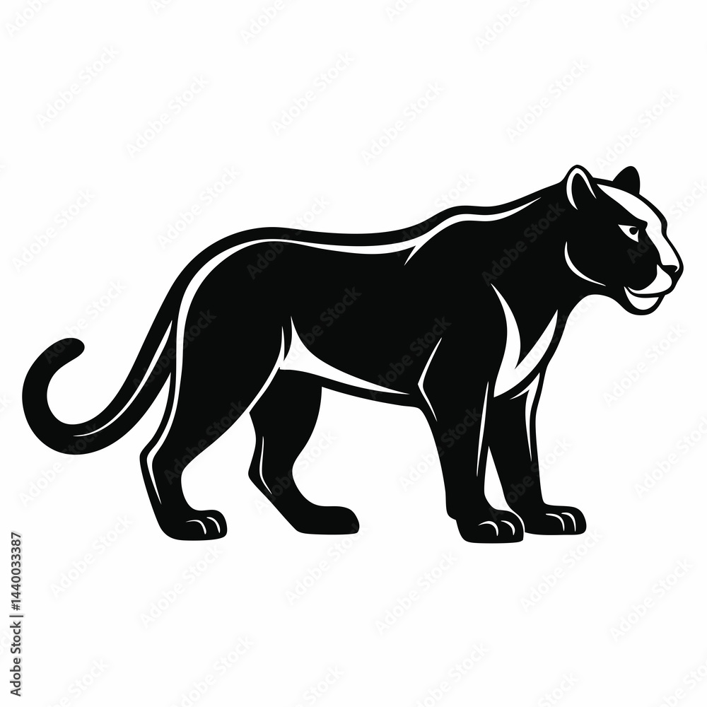 Obraz premium Silhouette of Big Cat – Leopard or Panther in Side View, Minimalist Black and White Vector Art